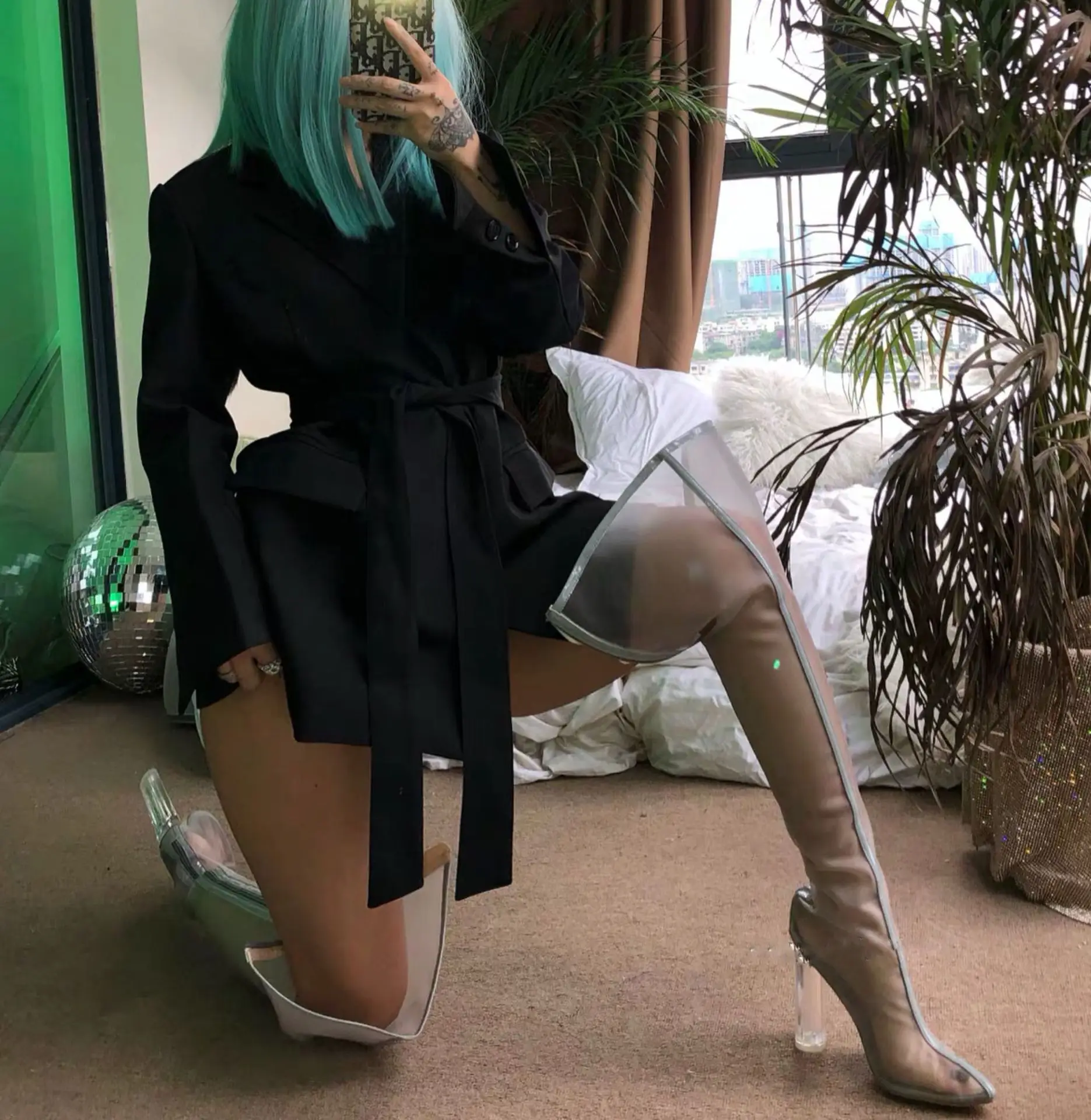 

Sexy Over the Knee Riding Boots Hot Selling 2019 New Transparent Think Heel Mesh Woman Summer Shoes Night Club Party Shoe