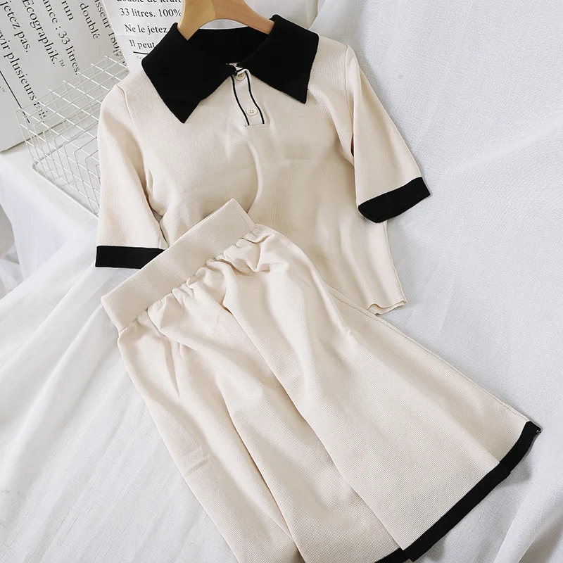 

MVGIRLRU Summer Sweet Knitted Two Piece Set Women Peter Pan Collar Short Tee Tops + Elastic A-line Skirt Sets