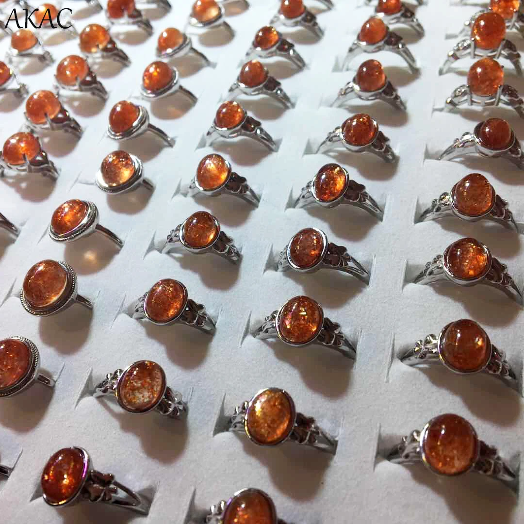AKAC natural golden sunstone adjustable 925 silver women ring 1pcs/set approx6*8mm