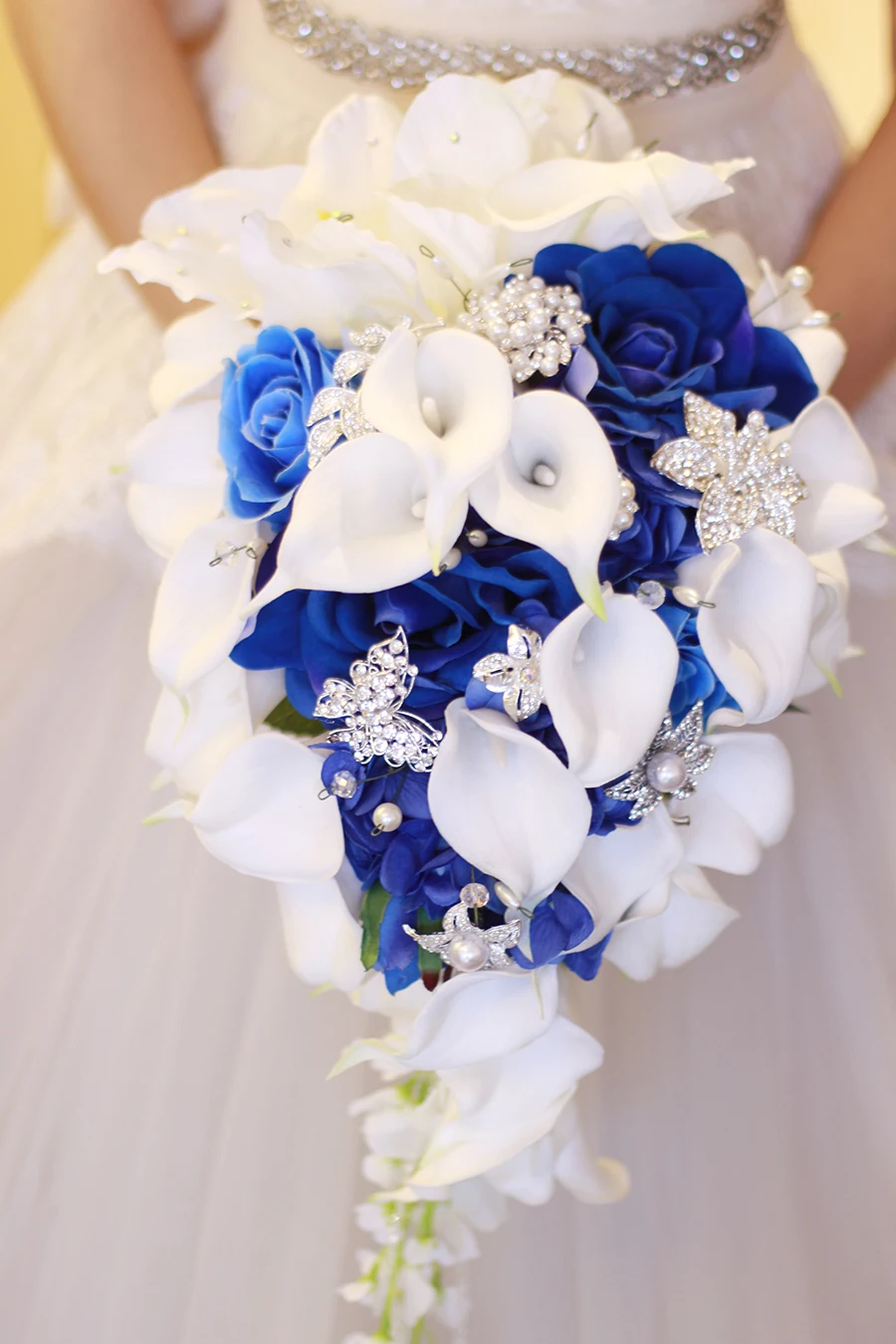 Waterfall Red Wedding Flowers Bridal Bouquets - JaneVini Artificial Pearls Crystal Bouquets image 5