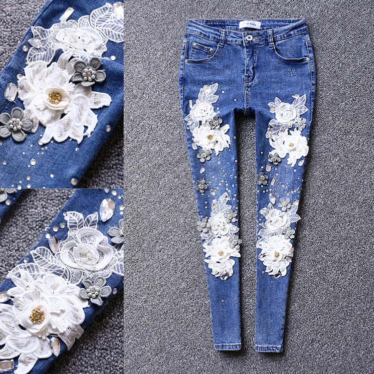 2019 новые весенние цветочные джинсы с вышивкой для женщин модные узкие джинсовые штаны карманы брюк дно плюс размеры джинсовые брюки