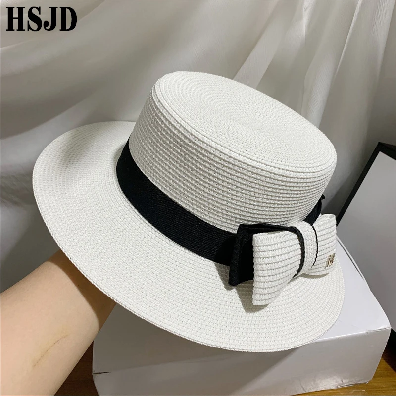 French Straw Flat Top Bow Female Sun Hats M Panama Elegant Wide Brim Anti-UV Beach Hat Women's Summer Sun Cap Gorras