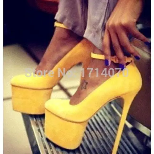 

Spring/Autumn newest design Elegant Yellow OL dress shoes Ankle Strap Buckle decorated concise design Platform High Heel Shoes
