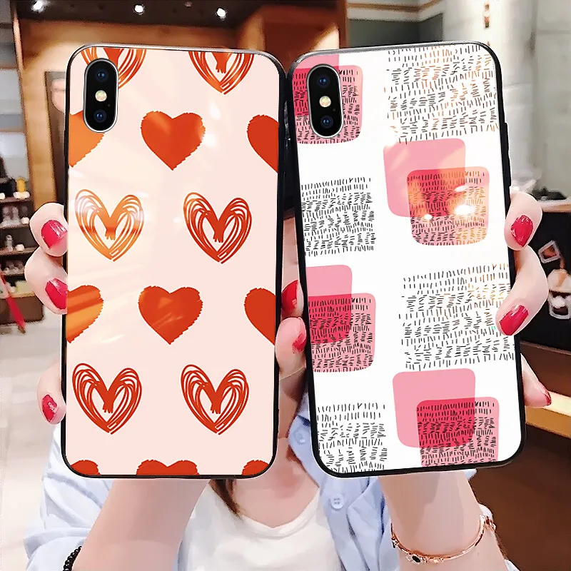 

Phone Case For iPhone 5 6 6s 7 8 Plus X XR XS Max Tempered Glass Wrist Strap Cute Heart Pattern Girl Soft TPU Back Cover