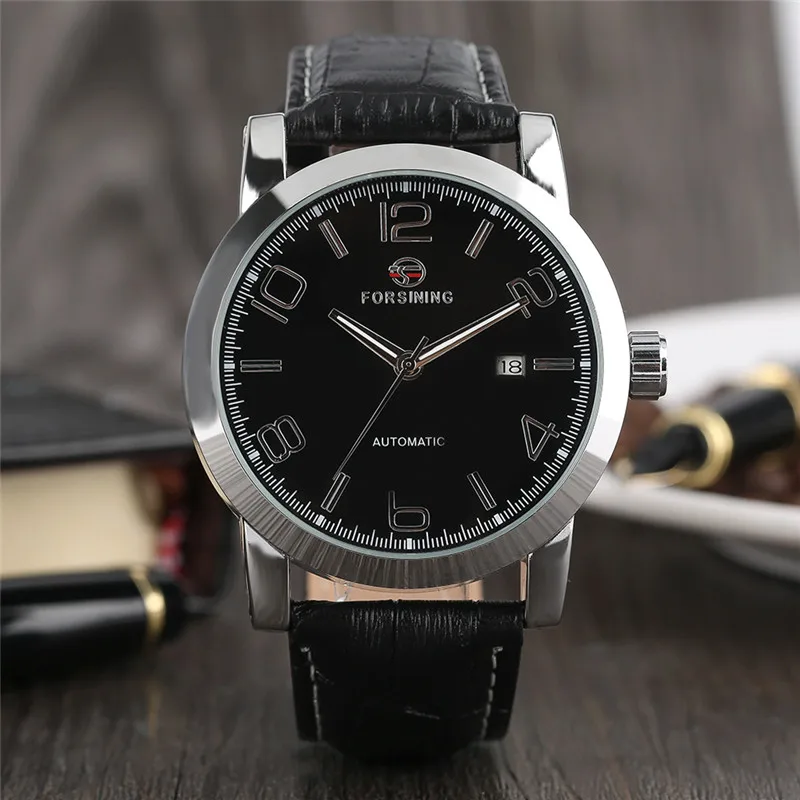 

FORSINING Luxury Men Mechanical Wristwatch Automatic Self-Wind Number Dial Black Genuine Leather Band Casual Male Watch Gift