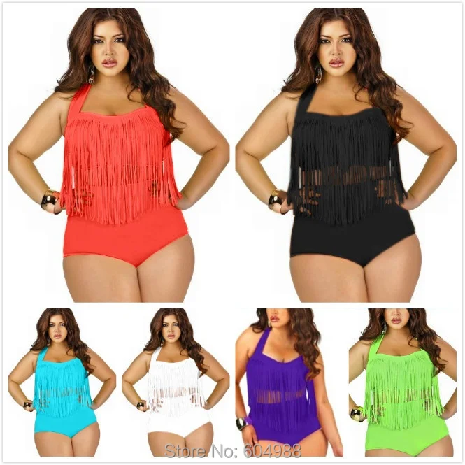 

Women Fringe Tassel Bikini Set Swimsuit Fat Halter Top Plus Size Swimwear