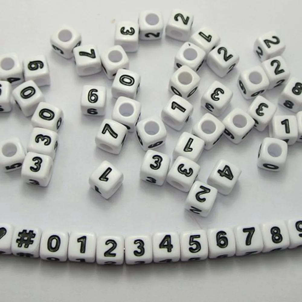 200 белых с черным Ассорти цифр &quot#&quot Акриловые кубические шарики 7x7мм|bead sites|beaded