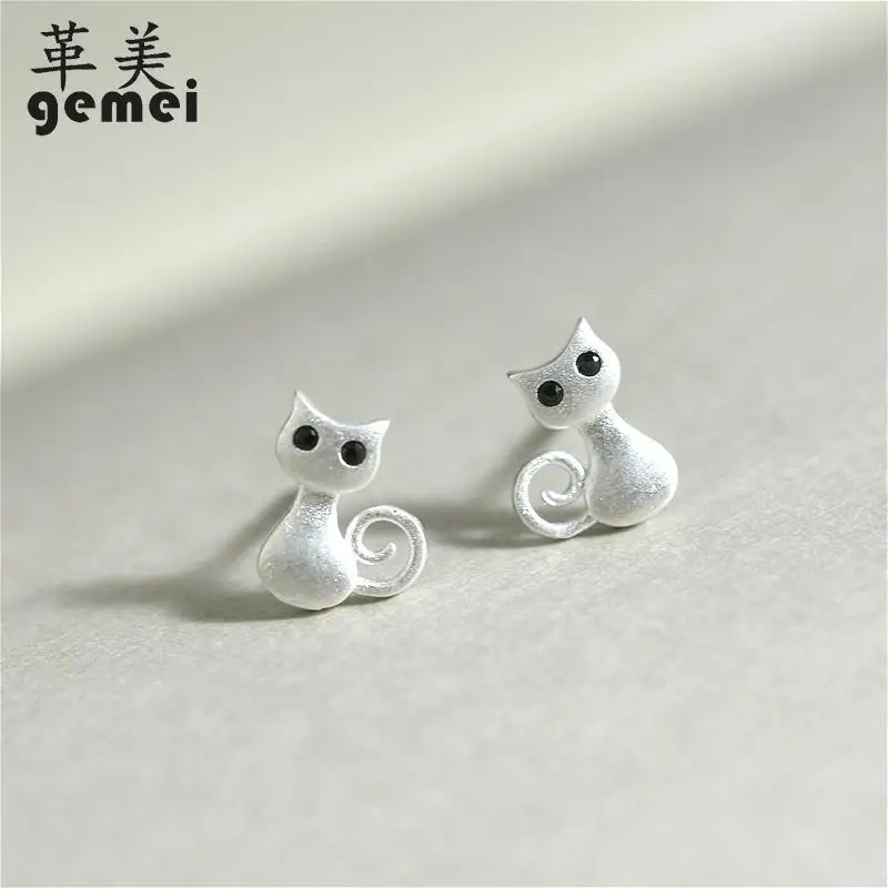 

Gemei 100% 925 Sterling Silver Black Eyed Cat Stud Earrings For Women Simple Fashion Party Jewelry