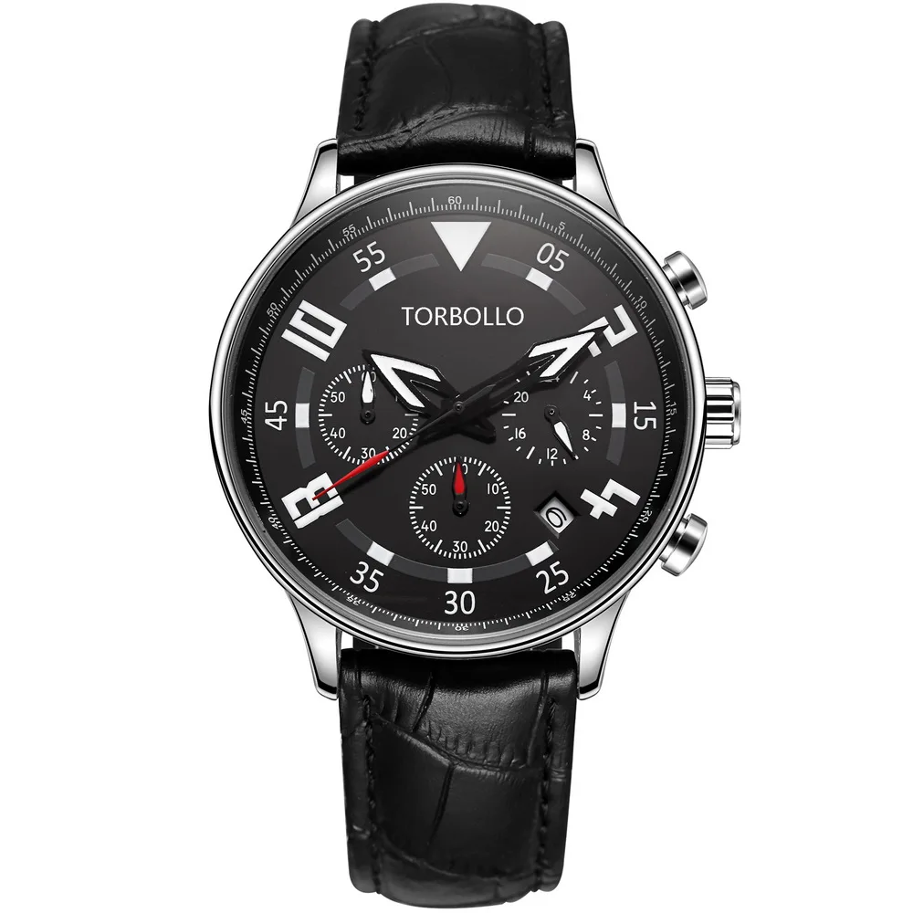 

2016 Genuine Leather Simple Designer Silver Case Black Dial Chronograph Men Dress Watch