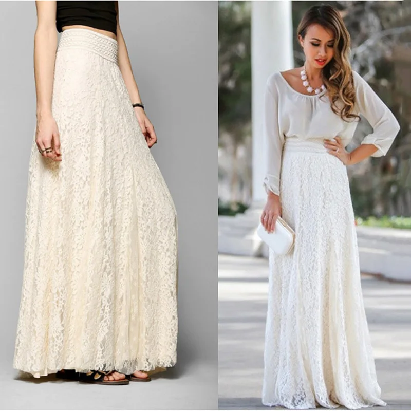 

Slim High Waist Lace Long Skirt Summer Women Midi Chiffon Skirt Vintage Solid Female Casual Elastic Waist Lace Skirts
