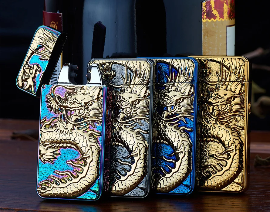 

2016 New Dragon Embossed Double Arc Cigarette Lighter USB Charging Pulse Arc Metal Tobacco Cigarette Lighters