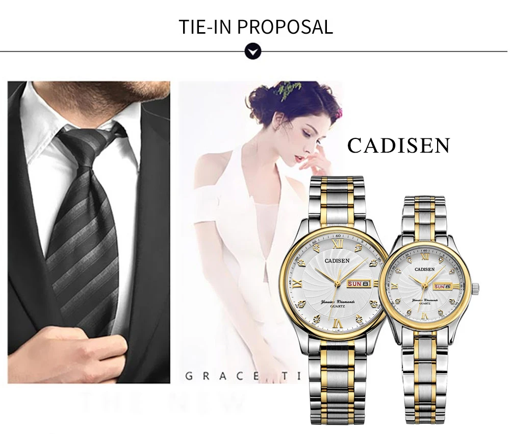 CADISEN, часы для влюбленных, кварцевые, для мужчин и женщин, модные, бизнес, нержавеющая сталь, ремешок, парные часы, водонепроницаемый набор, наручные часы Valentine