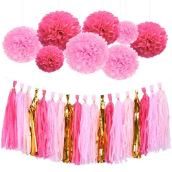 Haochu 28 шт./компл. розовый Бумага pom Цветы блестящие Бумага кисточкой Гирлянда Свадебная вечеринка украшения этап поставляет реквизит для