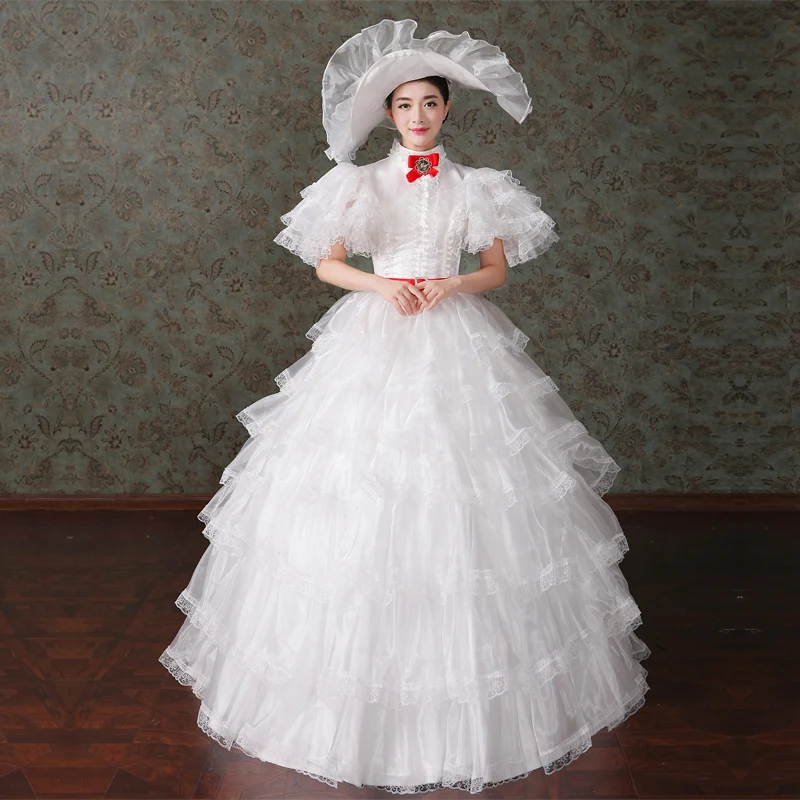

Women European Medieval Renaissance Court Long Dresses Turtleneck Fetal Puff Sleeves White High Waist Skinny Ball Gown For Party