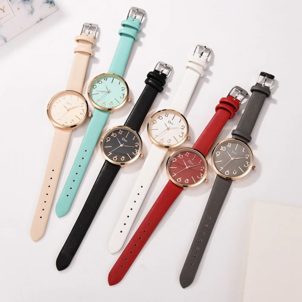 Disu Women's Watches Luxury Fashion Lady Leather Belt Watch Creative Number Analog Quartz Watch Montre femme Simple Clock