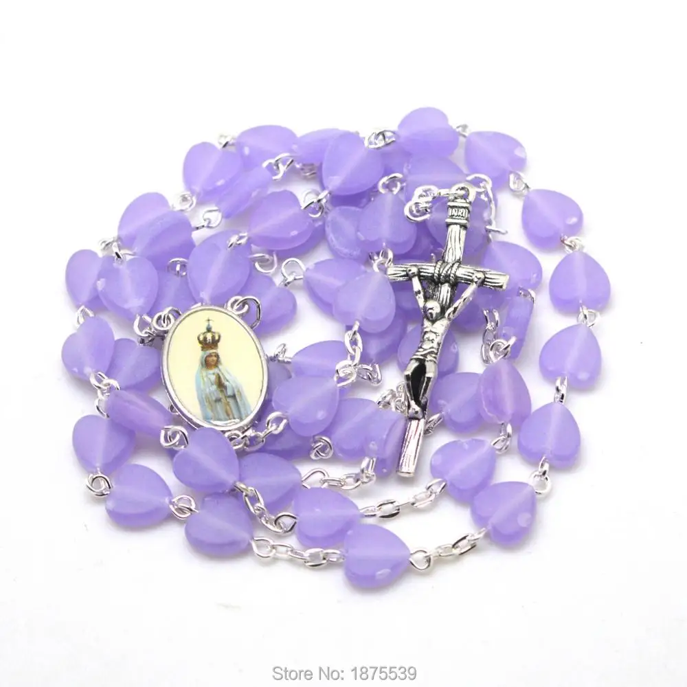 Buy Purple Heart Acrylic Bead Fatima Rosary from Reliable rosary beads