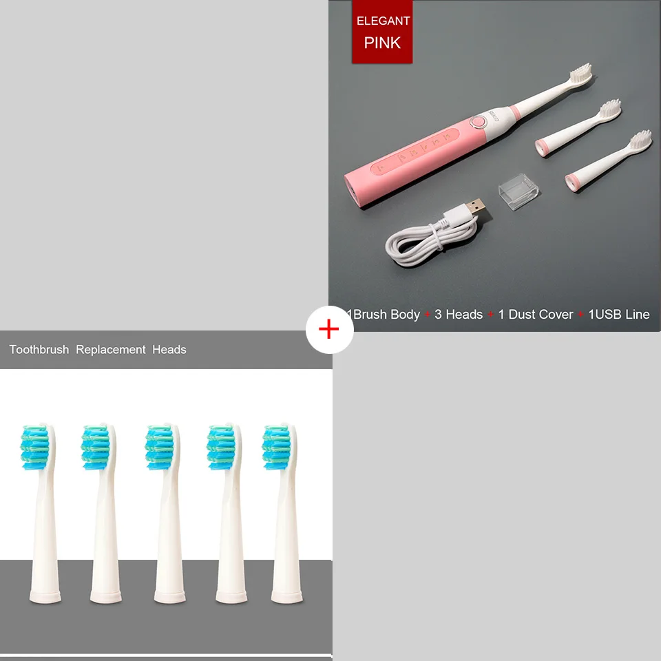 Электрическая зубная щетка, звуковая волна, перезаряжаемая, высокое качество, умный чип, головка зубной щетки, сменная, отбеливающая, здоровый, лучший подарок - Цвет: Pink5Heads