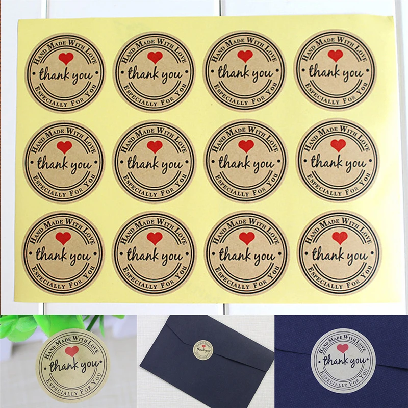 

12/60/120pcs 3.8cm Thank You Red Love Self Adhesive Stickers Kraft Label Diameter For Diy Hand Made Gift Cake Candy Paper Tags