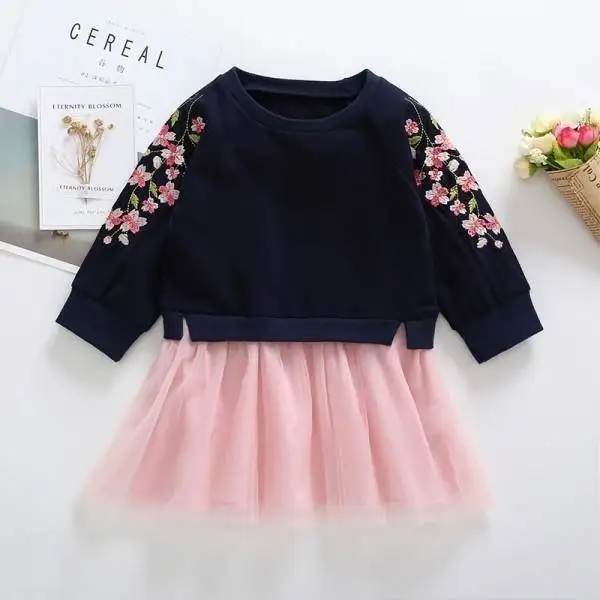 Baby Girl Dress Newborn dress Winter Toddler Baby Kid Girl Long sleeve Cotton Cherry Blossoms Embroidery Splicing Dresses