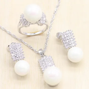 

Silver Color Pearl Jewelry Sets Round White CZ Jewelry Pearl Ring Stud Earrings Pendant Necklace Jewelry Gift For W
