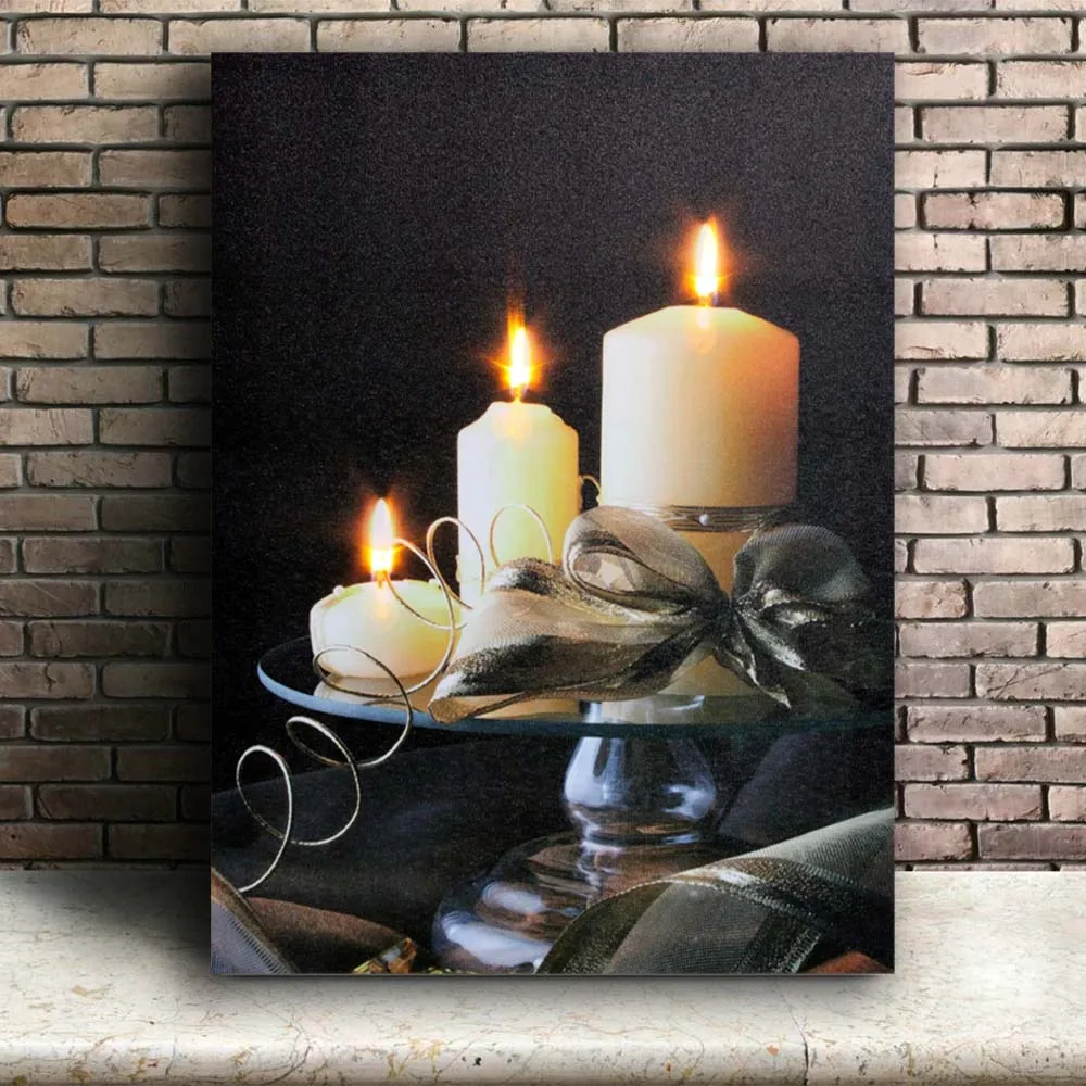 Освещенные холст для живописи белые свечи с лентой щелчков Печать холст светодиодные стены искусства Декоративная Настенная картина батареи 16x24IN