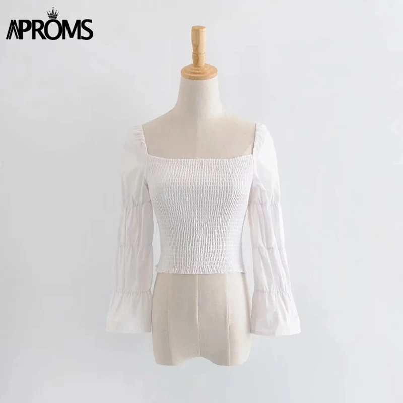 Aproms, Ретро стиль, квадратная горловина, блузка, рубашка для женщин, пышная, рукав 3/4, белый, короткий топ, летняя, высокая, уличная, Тонкая блузка, блуза