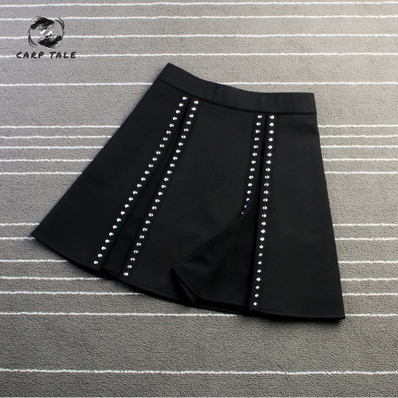 

2019 Korean version of the new skirt female was thin spring rivet high waist elastic waist black pleated skirt S-M-L-XL-XXL