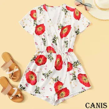 

New Women Ladies Fashion Caasual Summer Playsuit Floral Print Short Sleeve V Neck Playsuit Party Clubwear