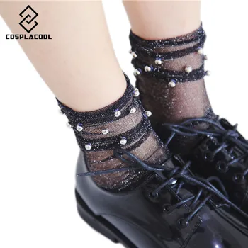 

[COSPLACOOL]2017 Sexy Transparent Gold Silver Pearl Fishnet Socks Women High Lace Shiny Fashion Princess Meias Harajuku Sokken