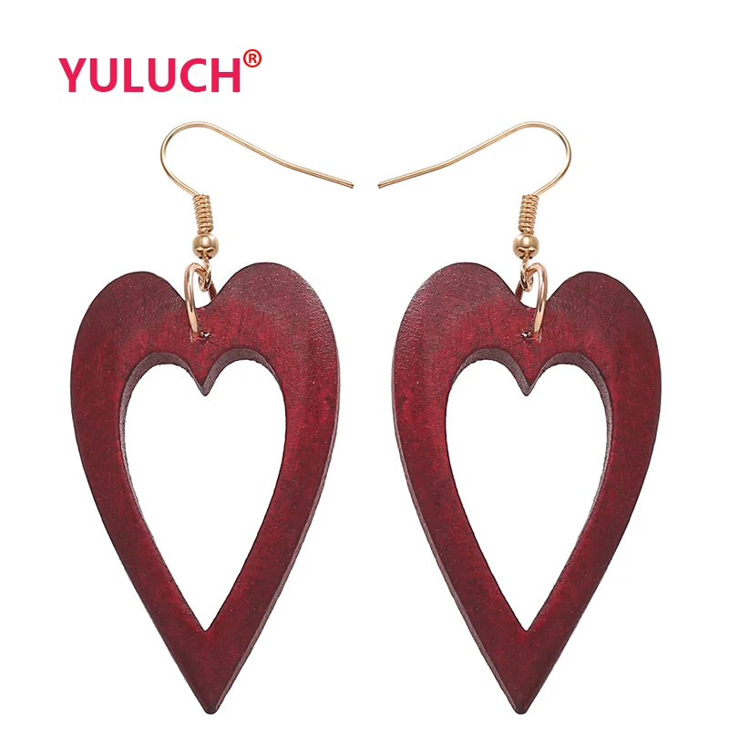 

YULUCH Log Heart Shaped hollow out Wooden Handmade Pendant Earrings for Fashion Women Sweet Jewelry Party Earrings Gifts