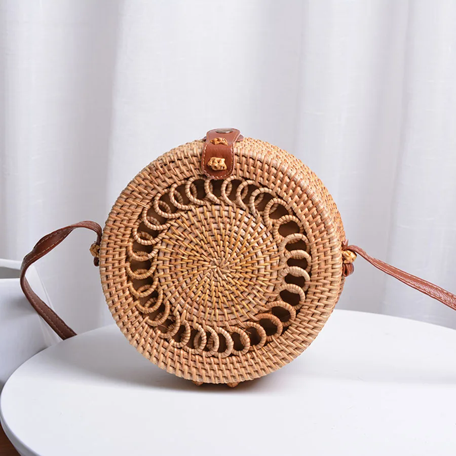 20cm Big Size Handmade Circle Chinese Bowknot Women Rattan Bags Spiral Style Hollow Out Flowers Female Shoulder Bags B380