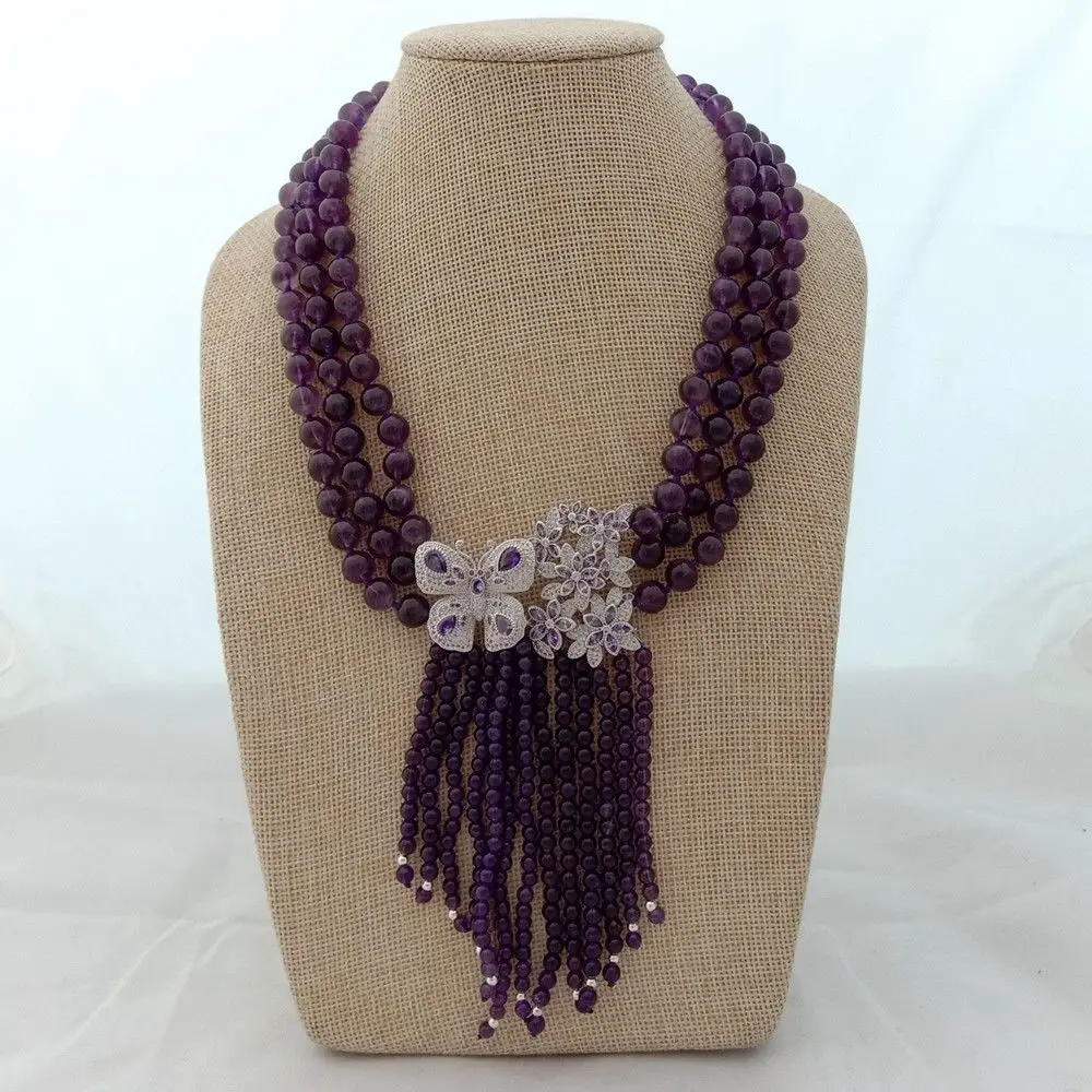 

18'' 3 Strands Natural Round Ametyst Necklace CZ Pendant