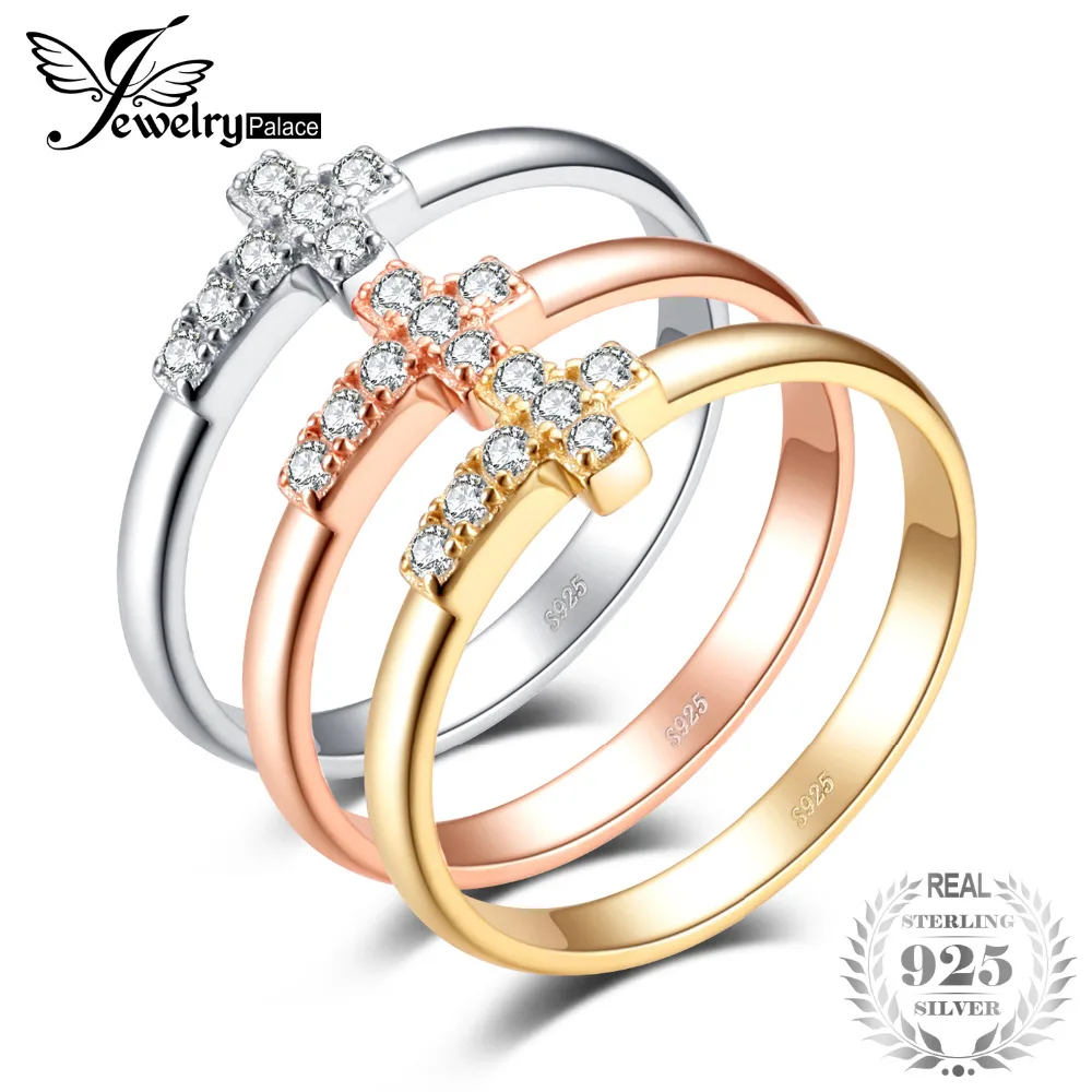 

JewelryPalace Fashion 0.34ct Cubic Zirconia Cross Set of Three Bands Rings Genuine 925 Sterling Silver Jewelry Gift For Women