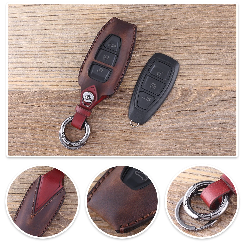 Брелок с 3 кнопками, кожаный чехол для ключей для Ford Focus C-Max Mondeo Kuga Fiesta, автомобильный чехол для ключей