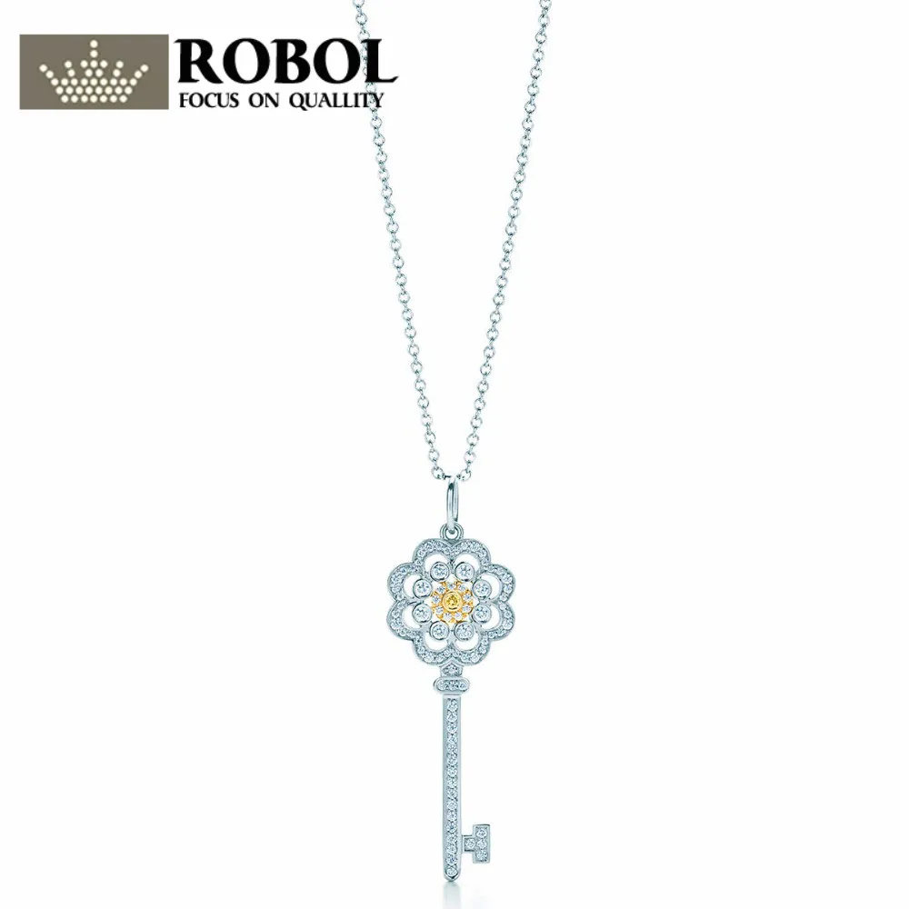 

ROBOL 100% 925 Sterling Silver New Elegant Flower Zircon Key Pendant Necklace Lady Charm Pendant Clavicle Chain