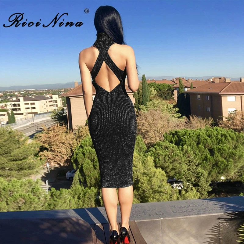 RICININA New Women Dress Woman Halter Sleeveless Cross Back Slim Midi Knitted Dress Female Summer Beach Party Dresses Vestidos RICININA New Women Dress Woman Halter Sleeveless Cross Back Slim Midi Knitted Dress Female Summer Beach Party Dresses Vestidos