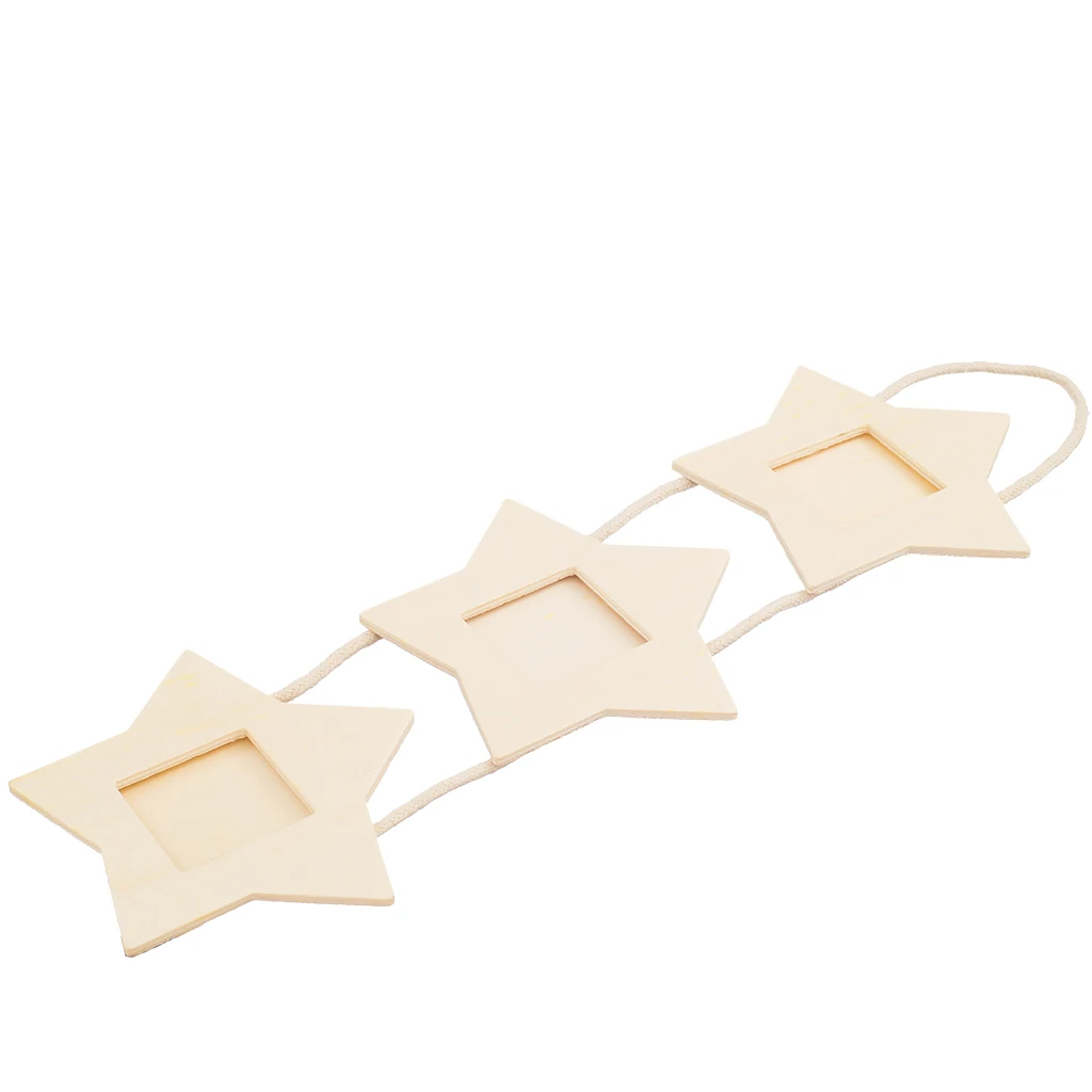 Wood RUSTIC Hanging Triple Wooden Photo Frame Star Shape Kids Craft