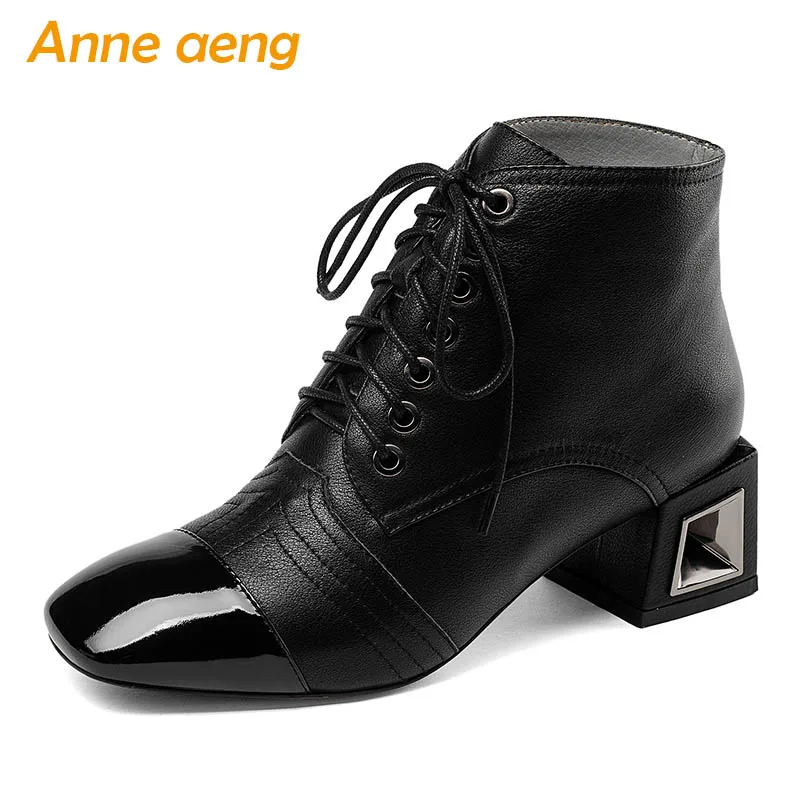 

2018 New Autumn/Winter Genuine Leather Women Ankle Boots High Heels Square Toe Lace-Up Sexy Ladies Snow Boots Black Women Shoes