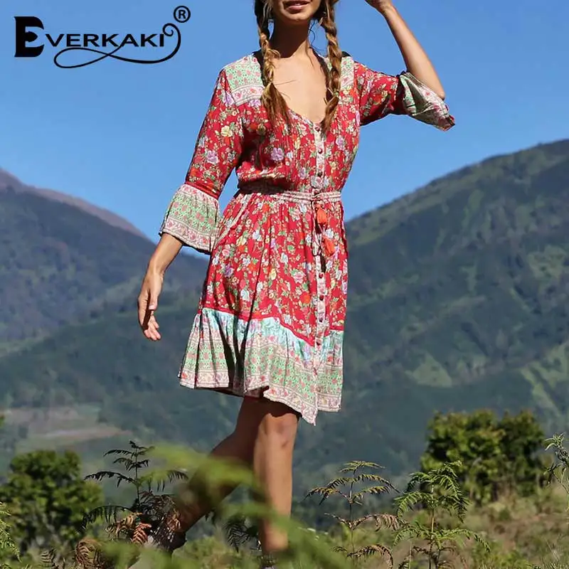 Женское платье с цветочным принтом Everkaki Boho Gypsy, v-образный вырез, регулируемый пояс с кисточками, богемные платья для женщин, новинка, осень - Цвет: Red
