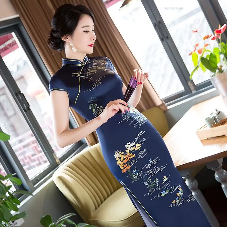 Navy Blue 078 Мода китайский Стиль Для женщин долго Cheongsam новое поступление район элегантное платье Qipao Vestidos Размеры размеры s m l xl XXL, XXXL 125750 - Цвет: Navy Blue 078