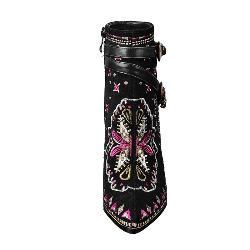 Genuino Retro Botas Hebilla Casual Tobillo Zapatos Punta Cuero Mujer Vaca Super Toe Vtota Tacones Mujeres Negro De Invierno wtAqIK06
