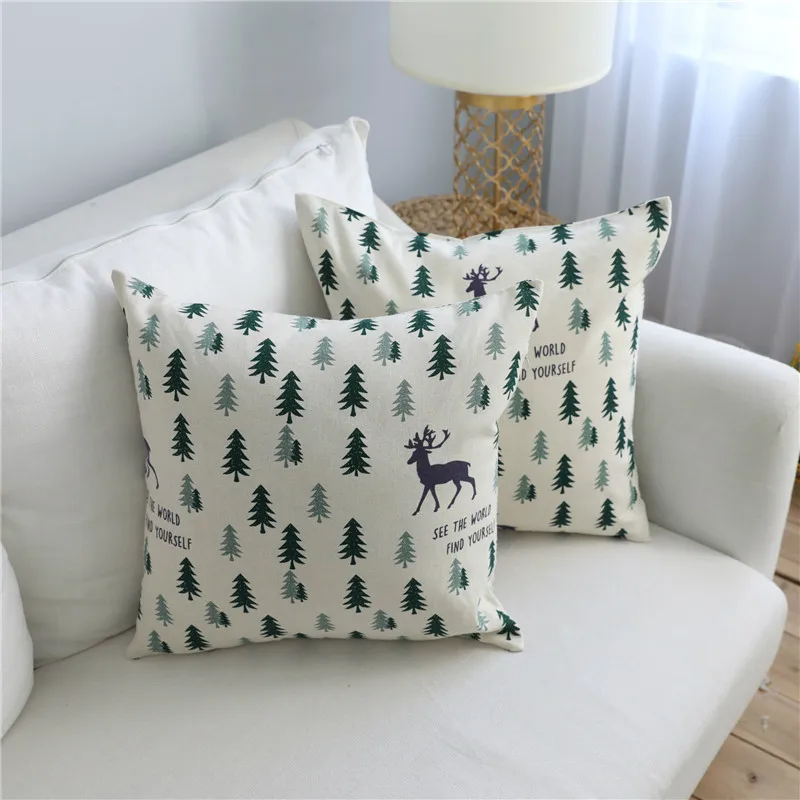 

Christmas Decoration Cushion Cover Christmas Tree Deer Square Sofa Pillow Cover Cotton Linen Living Room Pillowcase Home Decor