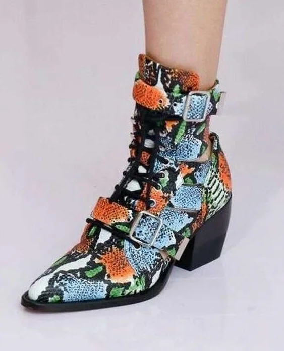 New Designer Womens Chelsea Boots Snake Print Leather Buckle Womens Ankle Boots Low Heel Lace-up Pointed Toe Motorcycle Bootie black rivets lace up womens motorcycle boots