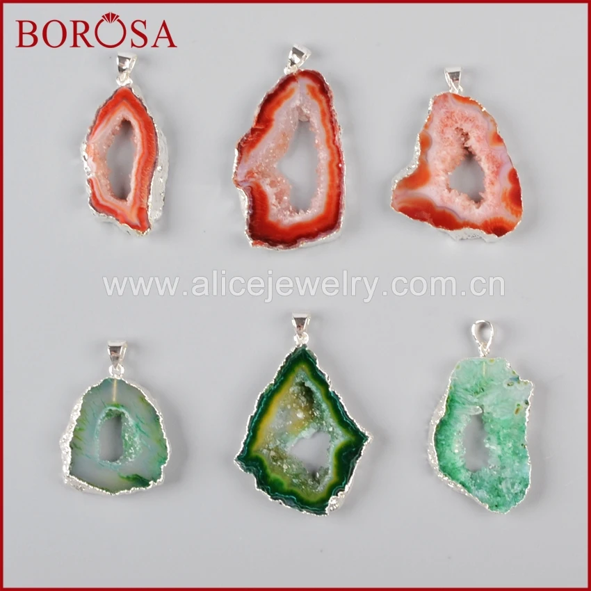 

BOROSA Rough Pure Silver Freeform Red Green Natural Raw Rainbow Druzy Crystal Quartz Geode Slice Beads Pendants Jewelry SS011
