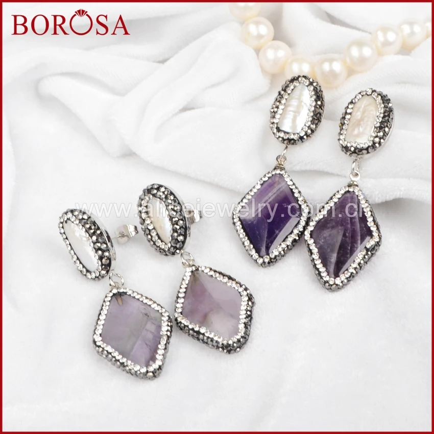

BOROSA Drusy Natural Pearl & Rhombus Shape Amethysts Dangle Earrings Paved Zircons Gems Jewelry for Women JAB237