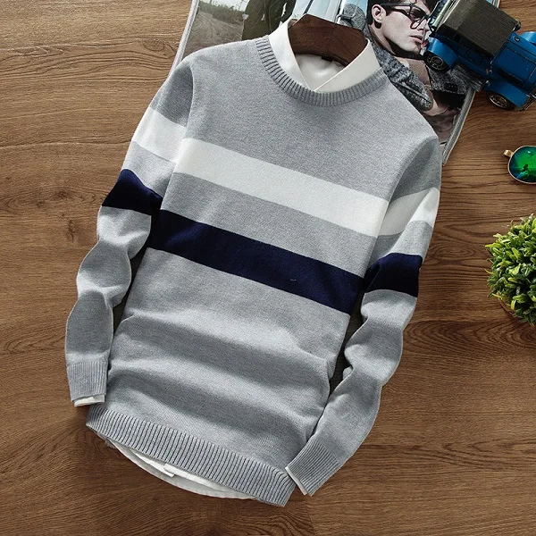 Осенний модный мужской пуловер, свитер с длинным рукавом, облегающий полосатый вязаный кашемировый Рождественский свитер для мужчин MY929 - Цвет: Grey
