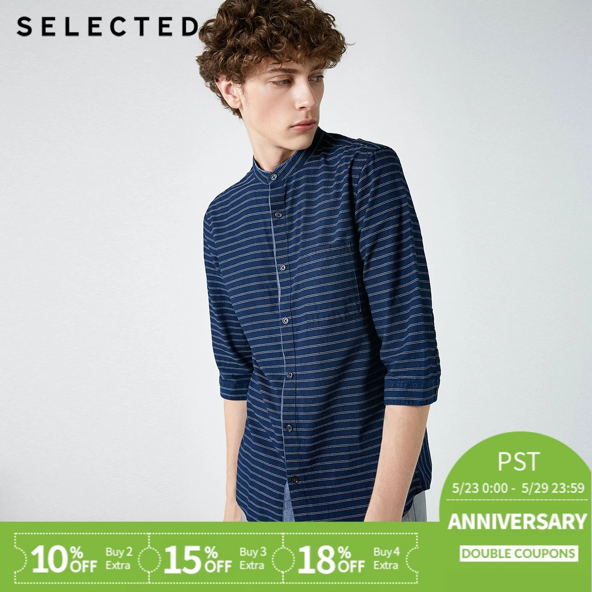 

SELECTED Men's 100% Cotton Slim Fit Striped 3/4 Sleeves Denim Shirt C|418331509