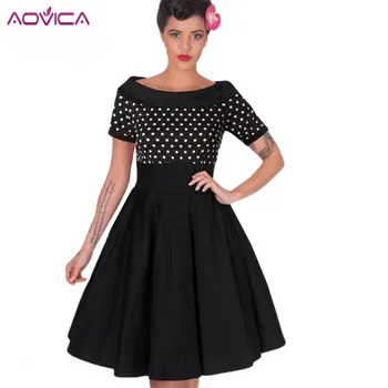 

Aovica Women Elegant Vintage Rockabilly Midi Dresses Summer Polka Dot Tunic Pinup Wear To Work Office Casual Party Skater Dress