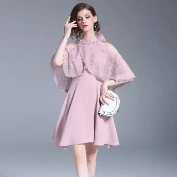 

2018 summer newest off-the-shoulder bow cloak dress women's summer clothing mesh lace pink patchwork dress popular sexy dress