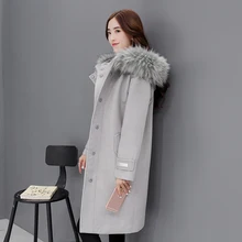 Меховой воротник с капюшоном длинное шерстяное пальто Женская мода осень зима шерстяная куртка размера плюс толстое теплое шерстяное пальто Свободное Женское пальто